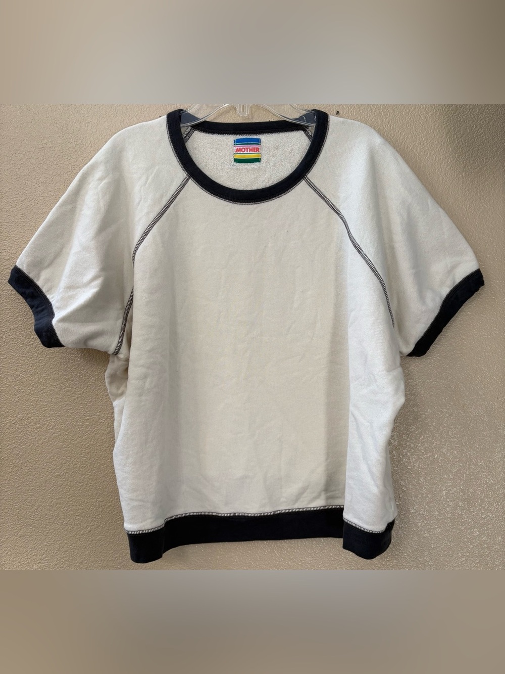 MOTHER Cream Short-Sleeve Raglan Shirt with Black Trim
